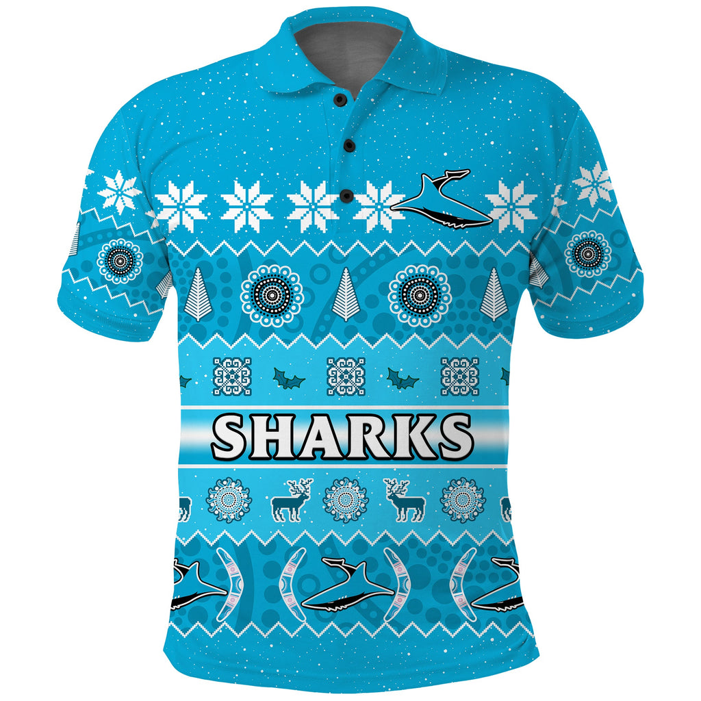 custom-personalised-sharks-christmas-polo-shirt-cronulla-sutherland-aboriginal-art-merry-xmas