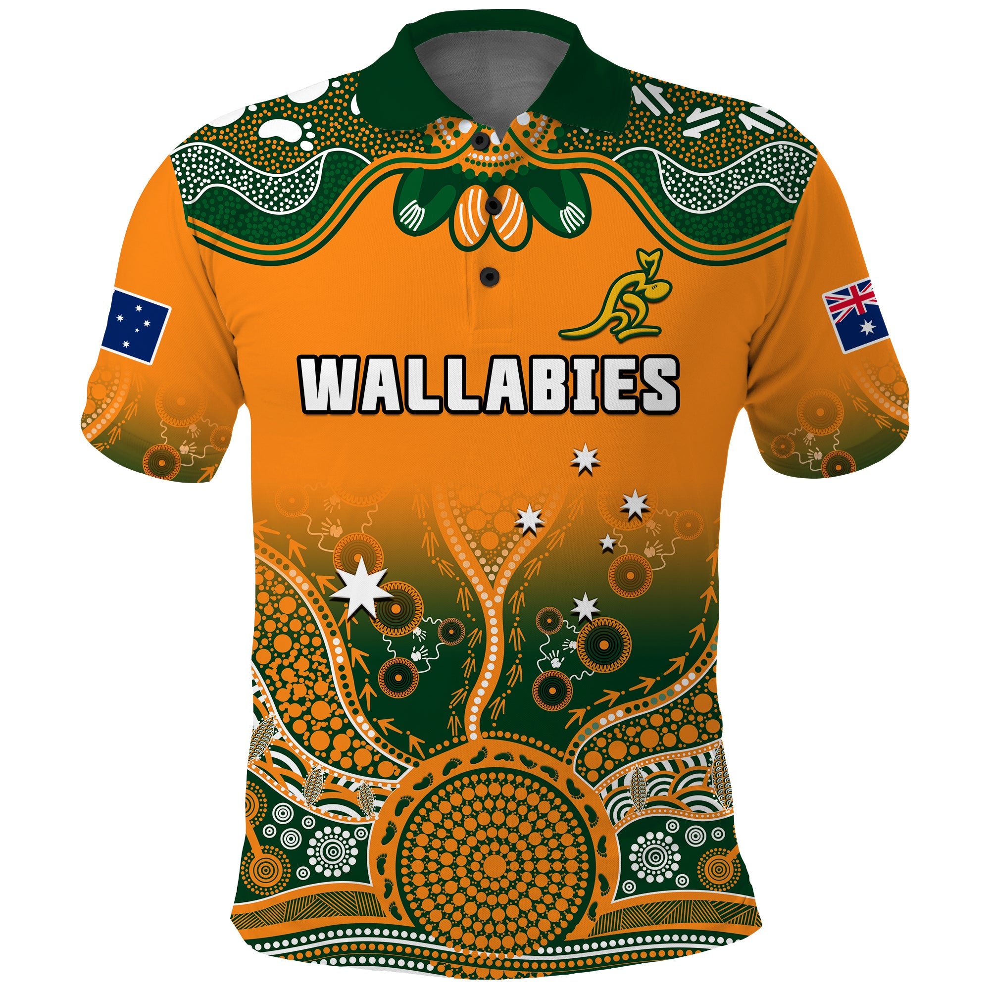 custom-text-and-number-australia-rugby-polo-shirt-wallabies-kangaroo-orange-aboriginal
