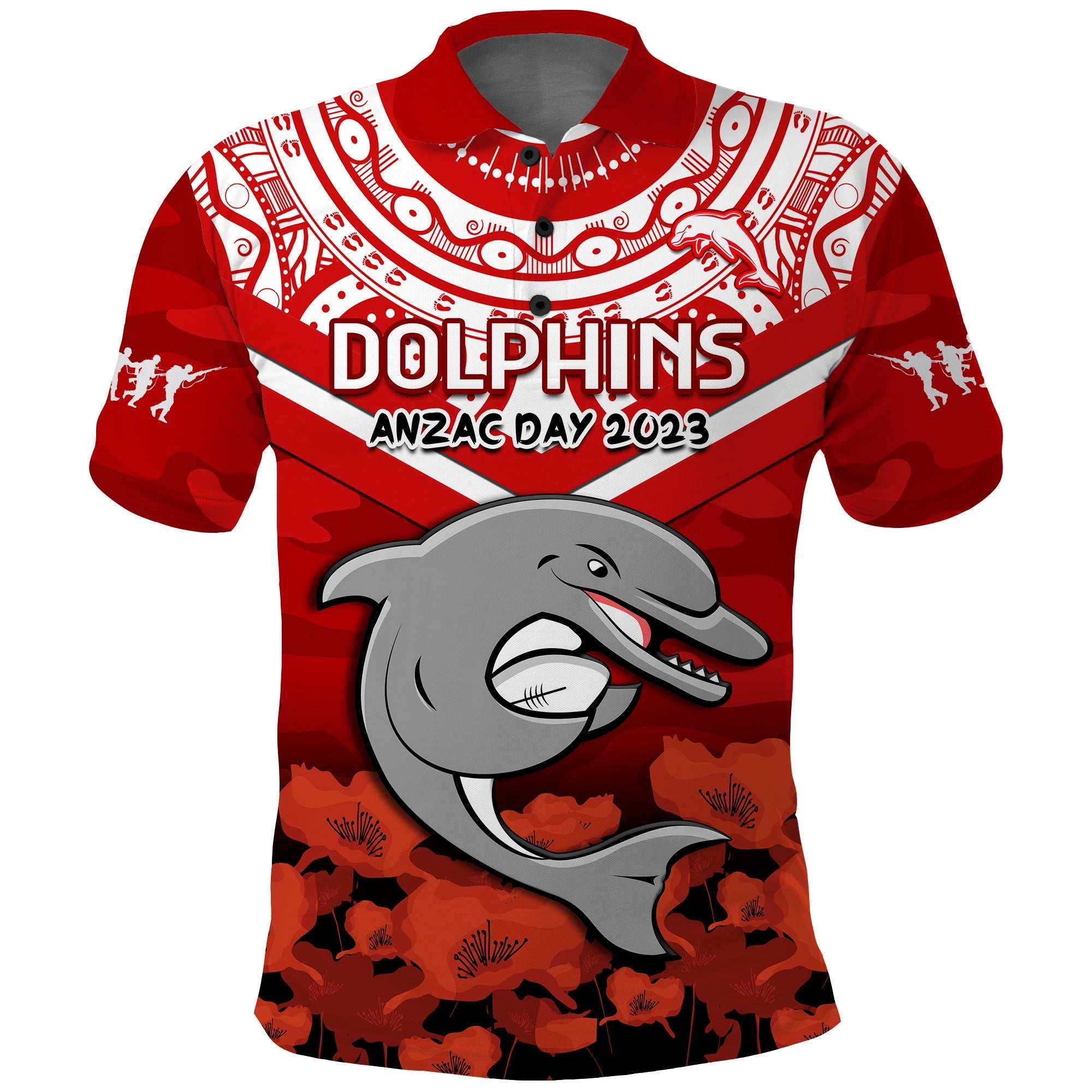 custom-text-and-number-dolphins-rugby-anzac-2023-polo-shirt-dots-poppy-mix-camouflage-lest-we-forget