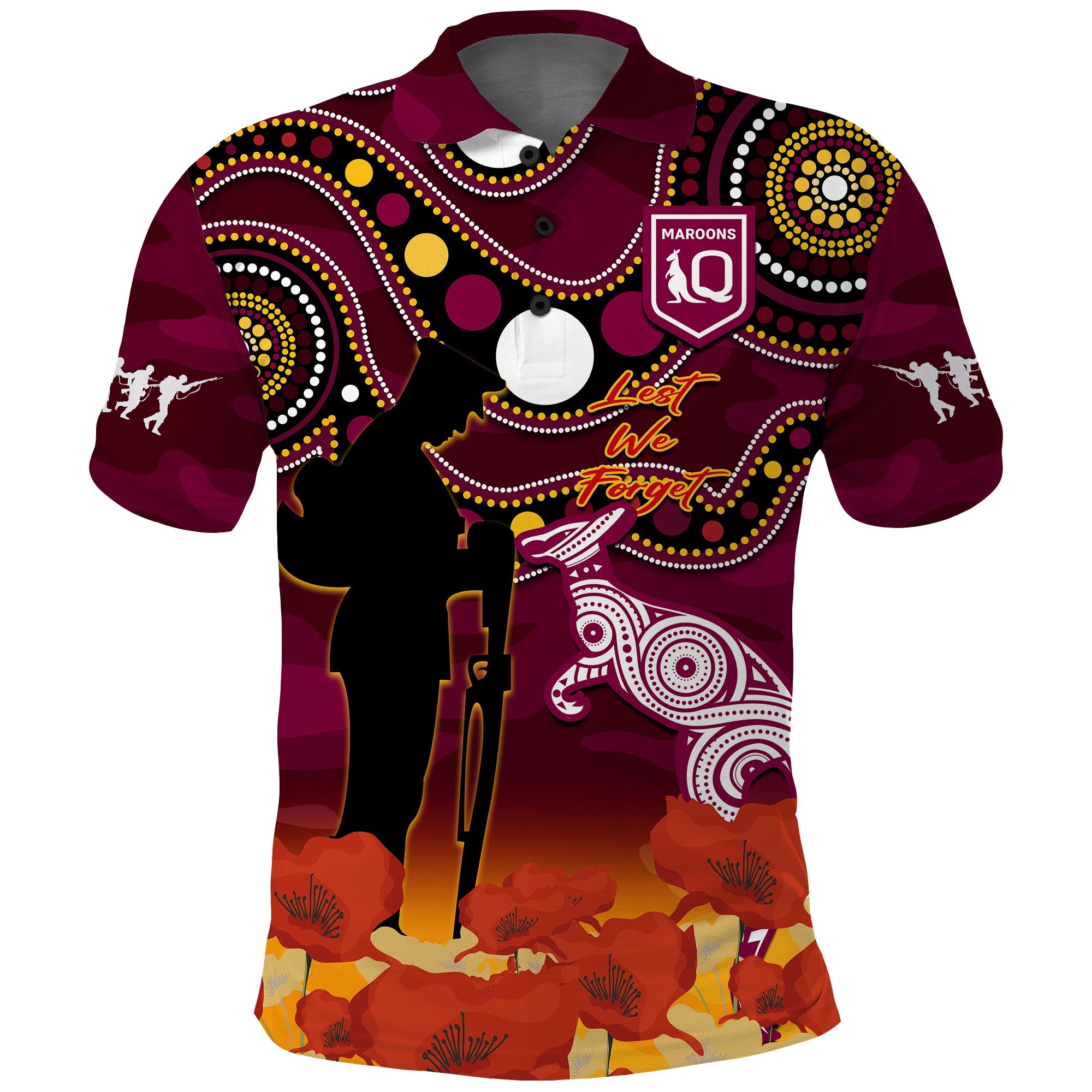 custom-text-and-number-maroons-rugby-anzac-2023-polo-shirt-qld-aboriginal-mix-poppy-camouflage