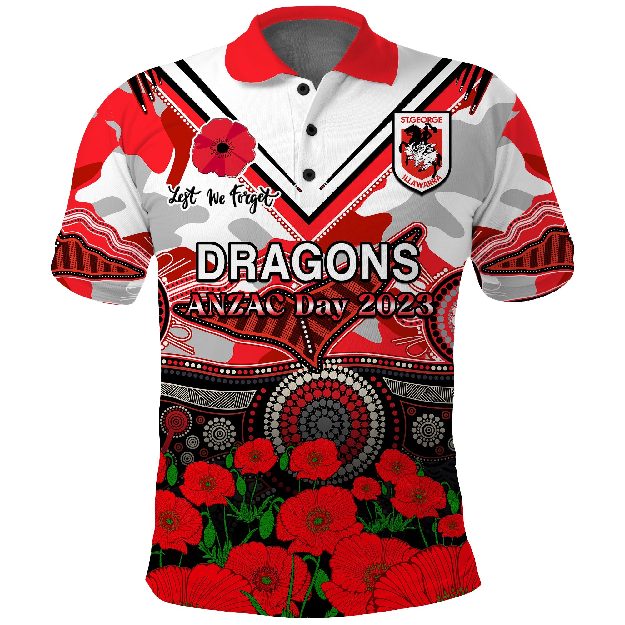 custom-text-and-number-dragons-rugby-anzac-2023-polo-shirt-aboriginal-mix-poppy-lest-we-forget