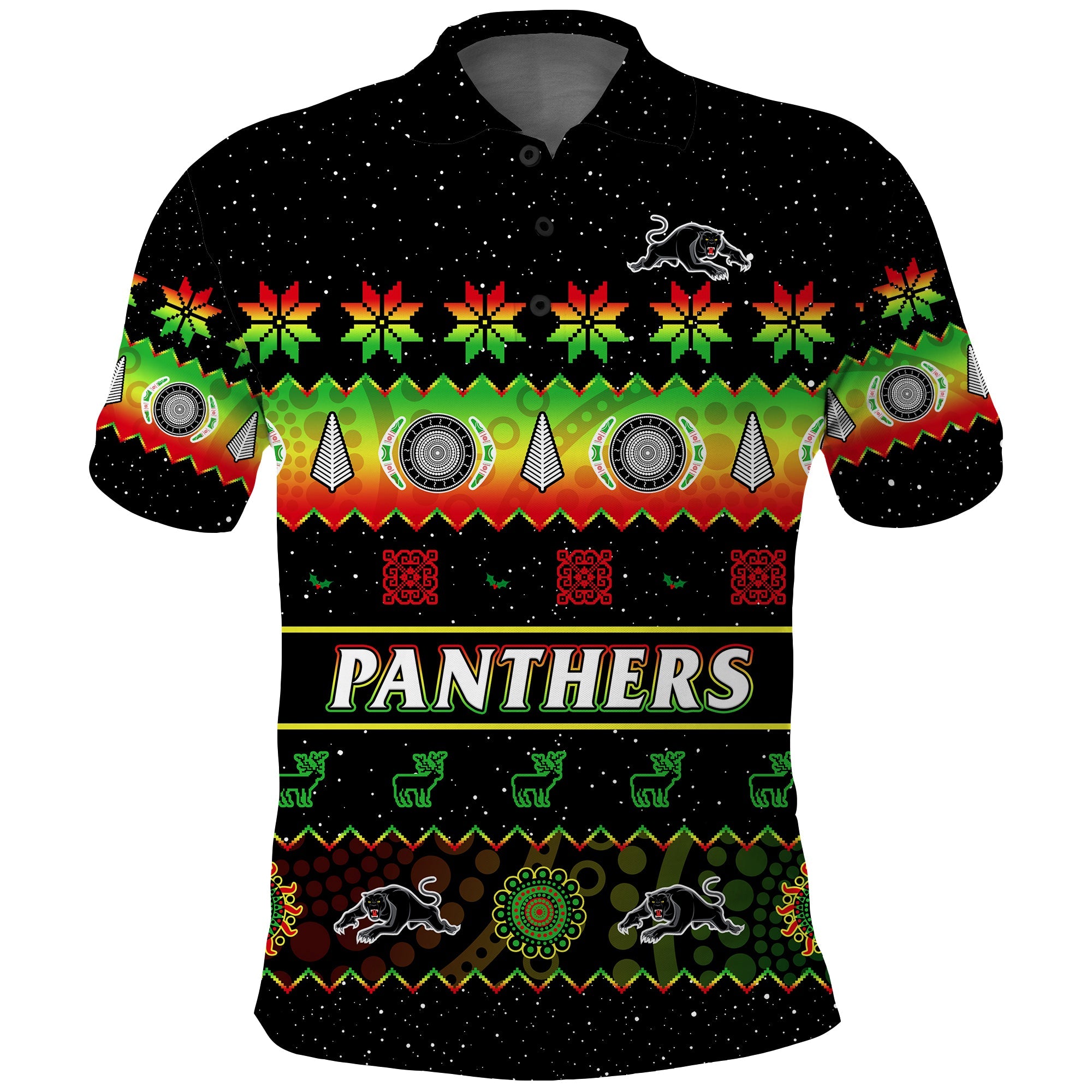 custom-personalised-penrith-panthers-christmas-polo-shirt-the-riff-aboriginal-art-merry-xmas