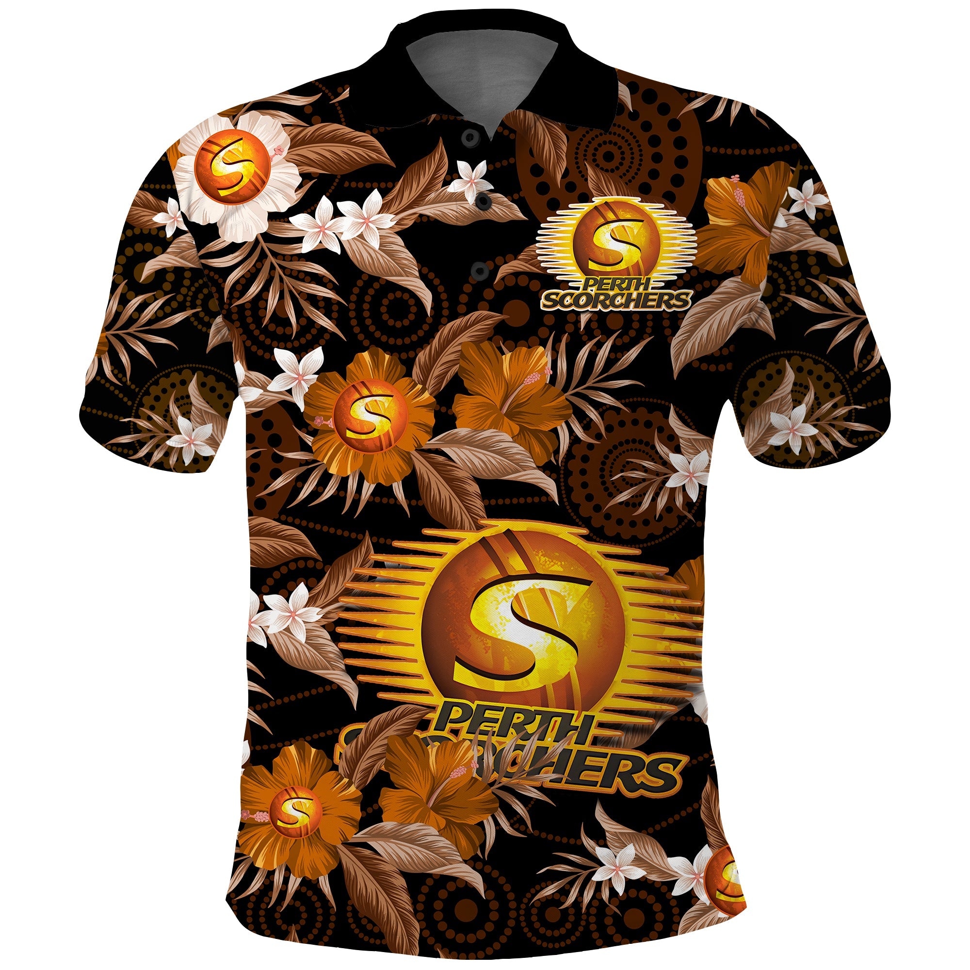perth-scorchers-cricket-polo-shirt-aboriginal-art-mix-tropical-flowers