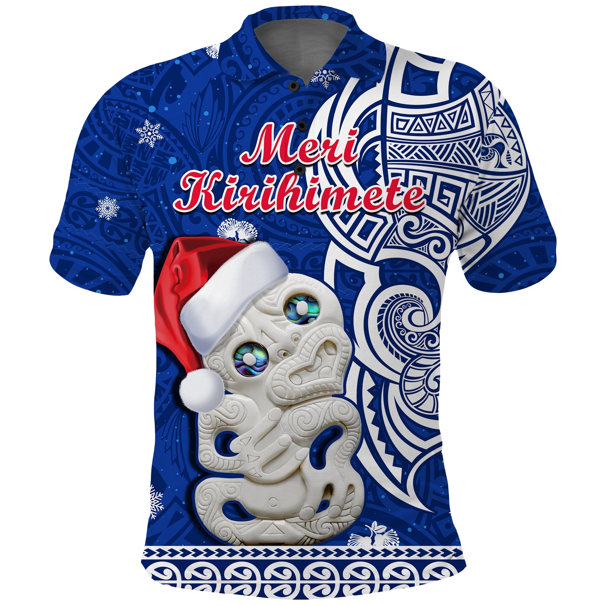 new-zealand-christmas-polo-shirt-hei-tiki-blue-pohutukawa-meri-kirihimete