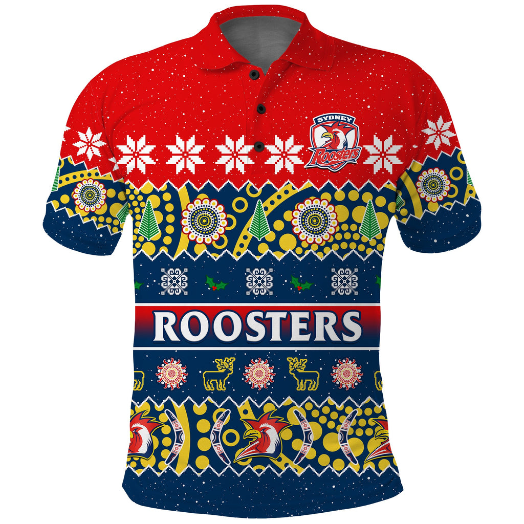 custom-personalised-sydney-roosters-christmas-polo-shirt-easts-aboriginal-art-merry-xmas