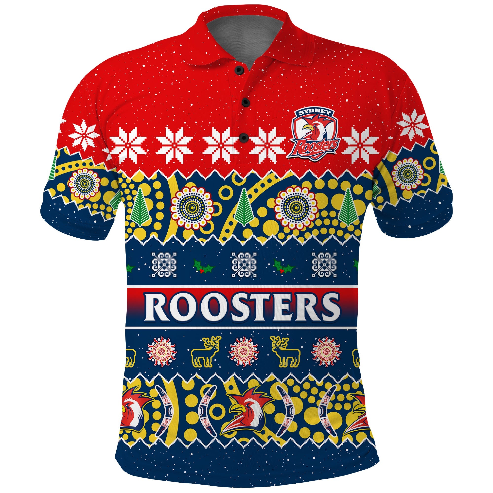 custom-personalised-sydney-roosters-christmas-polo-shirt-easts-aboriginal-art-merry-xmas