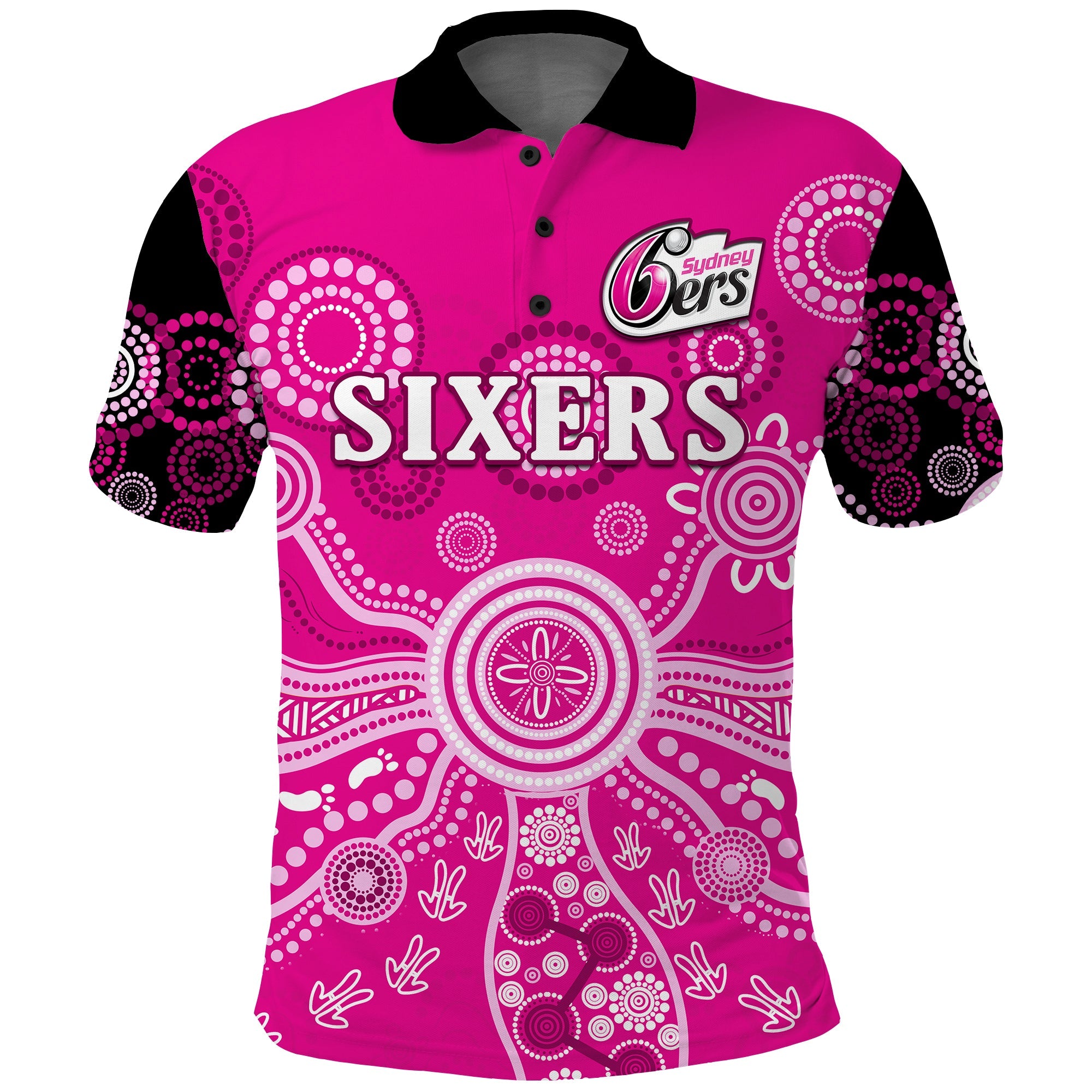 sydney-sixers-polo-shirt-cricket-indigenous-australian-art-ver01