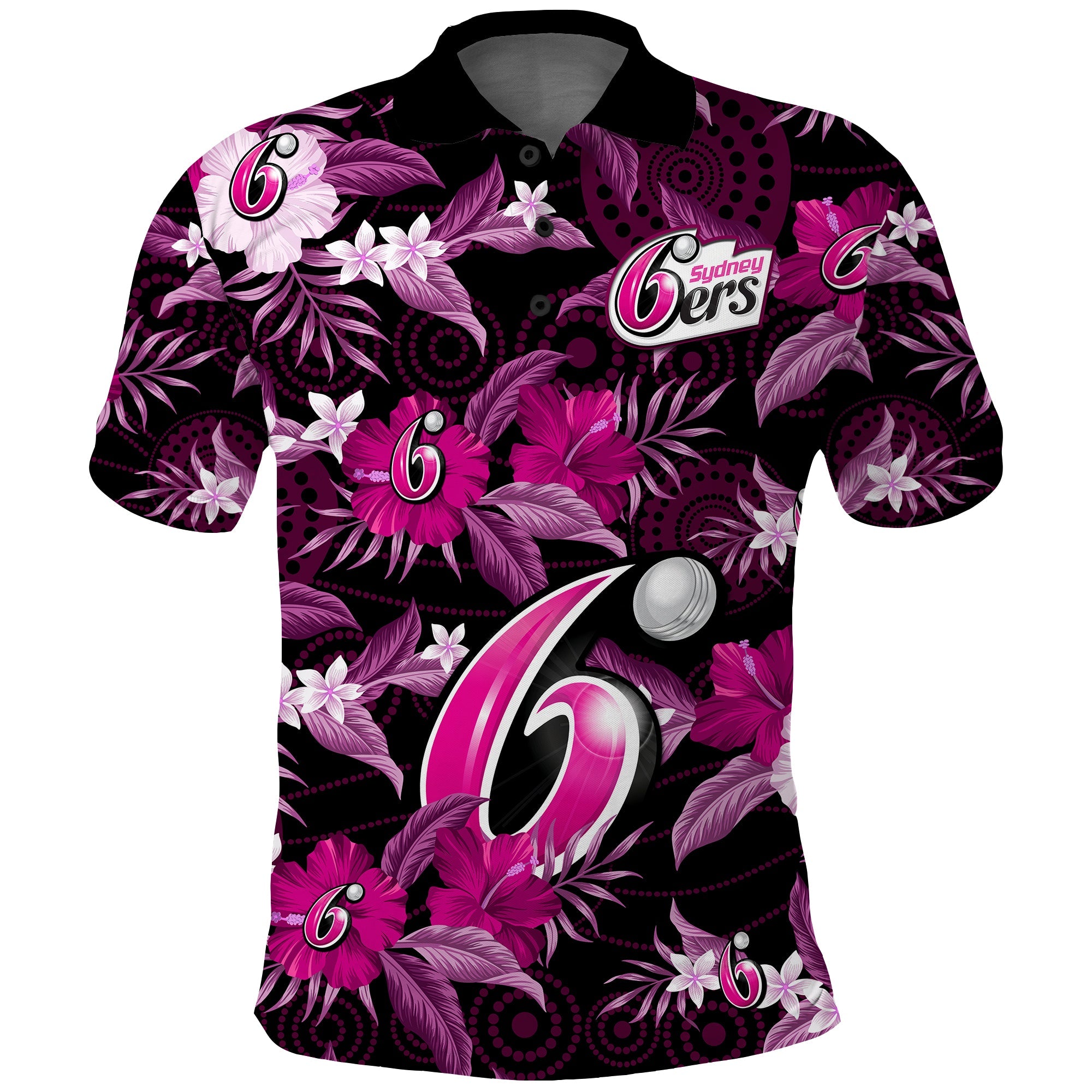 custom-text-and-number-sydney-sixers-cricket-polo-shirt-aboriginal-art-mix-tropical-flowers