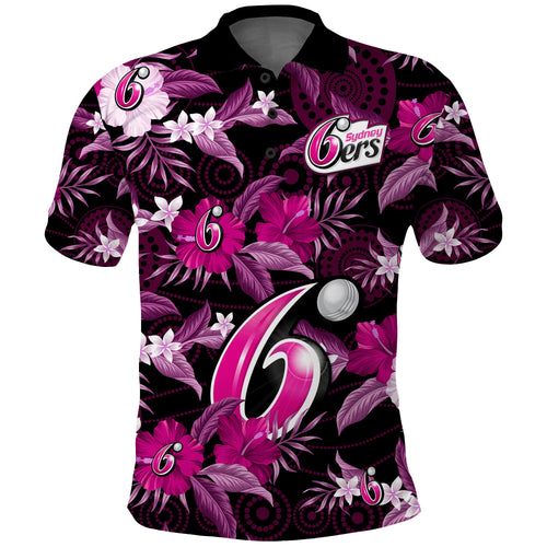 custom-text-and-number-sydney-sixers-cricket-polo-shirt-aboriginal-art-mix-tropical-flowers