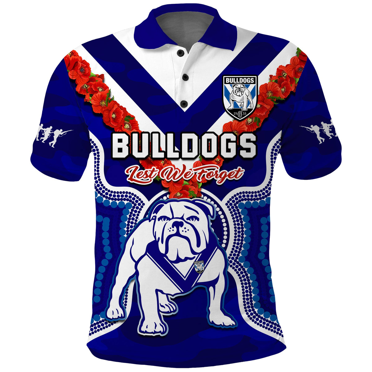 custom-text-and-number-bulldogs-rugby-anzac-2023-polo-shirt-dots-poppy-mix-camouflage-lest-we-forget