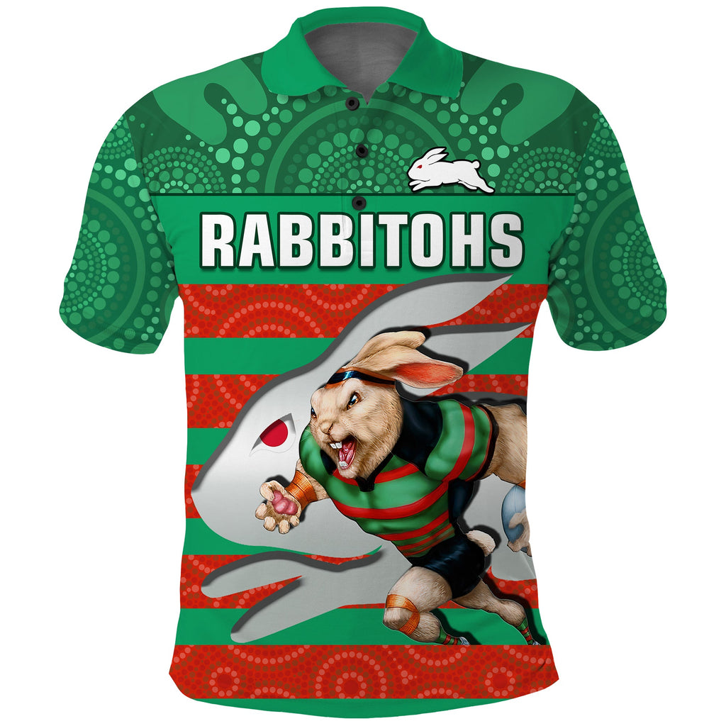 custom-text-and-number-rabbitohs-rugby-polo-shirt-aboriginal-dot-painting-glory-glory-sporty-style