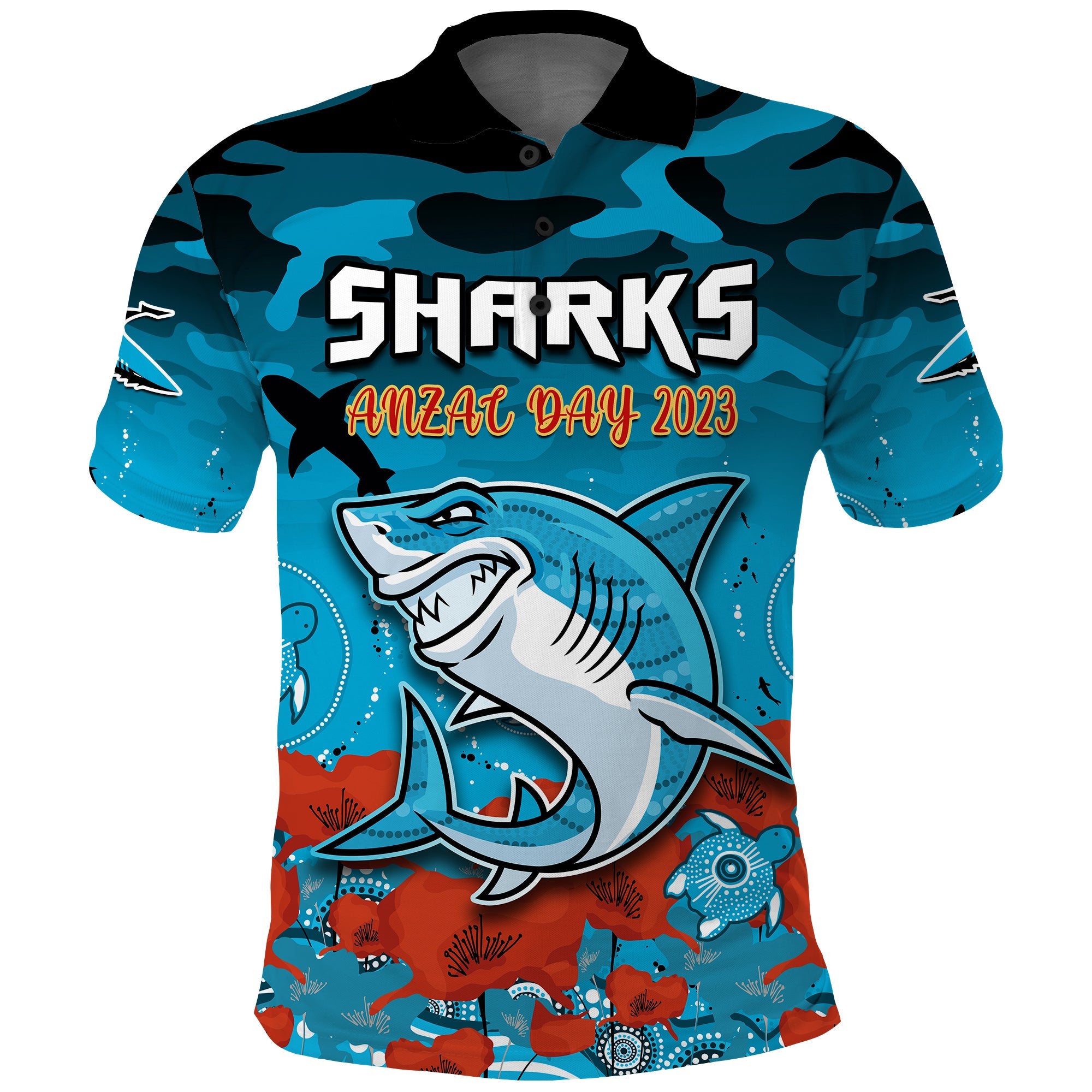 custom-text-and-number-sharks-anzac-2023-polo-shirt-camouflage-poppy-mix-aboriginal