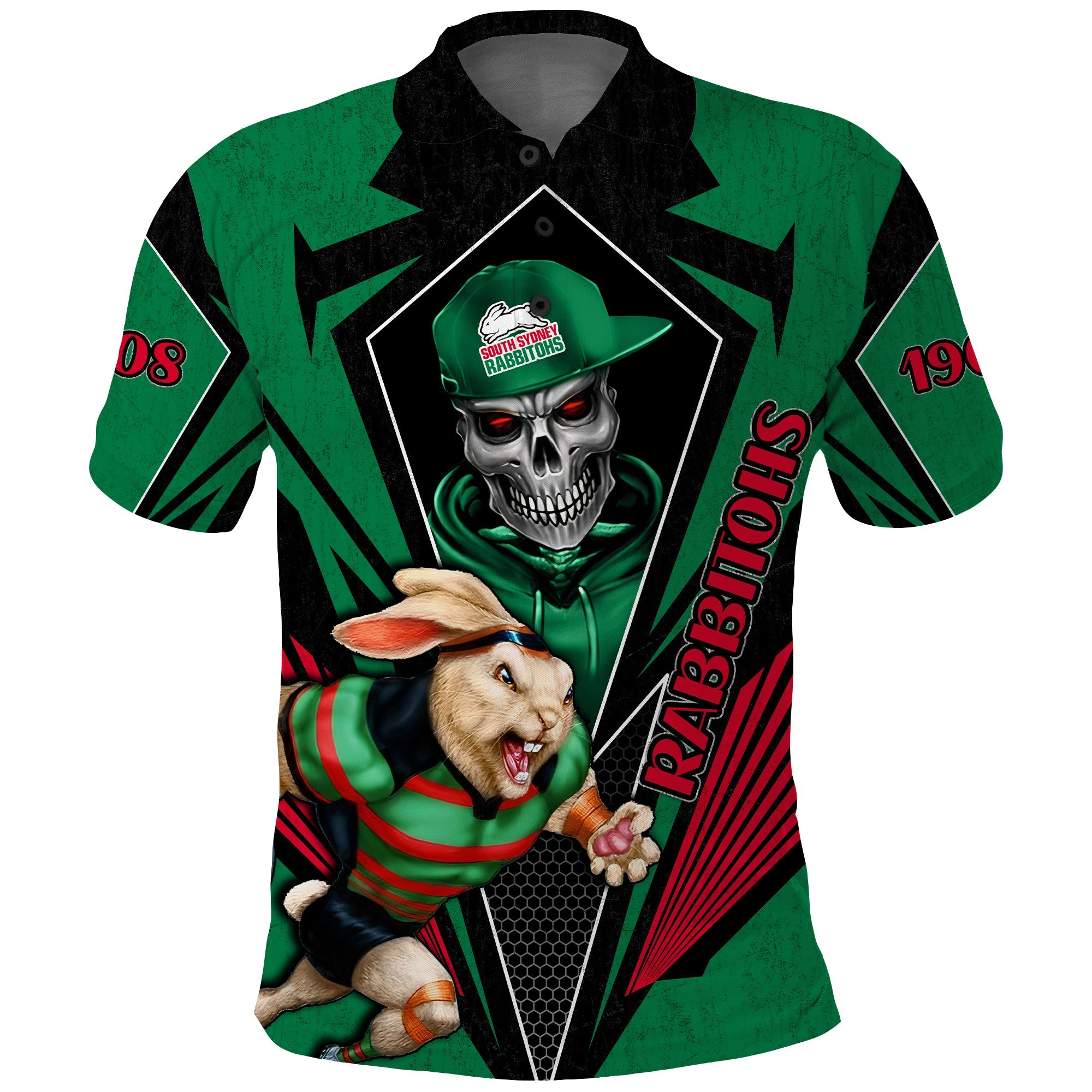 custom-personalised-rabbitohs-rugby-polo-shirt-mascot-south-sydney-since-1908-cool-skull