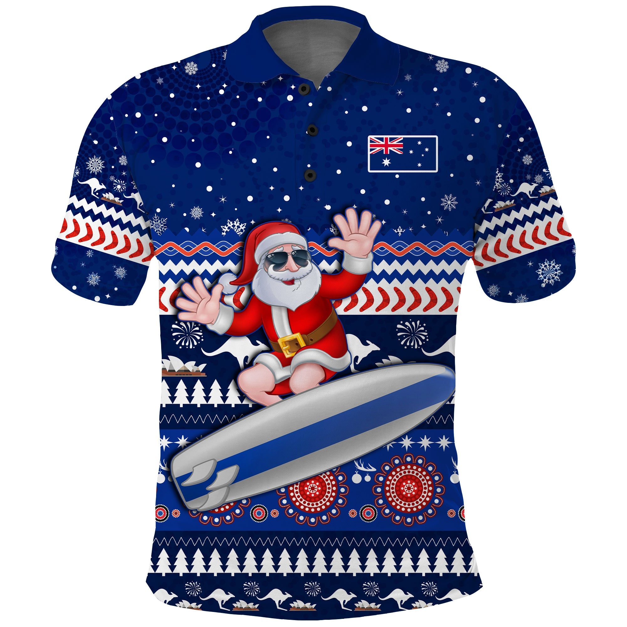 custom-text-and-number-australia-christmas-polo-shirt-aussie-aboriginal-santa-claus-is-surfing-with-kangaroo