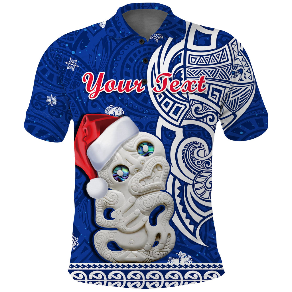 custom-personalised-new-zealand-christmas-polo-shirt-hei-tiki-blue-pohutukawa-meri-kirihimete