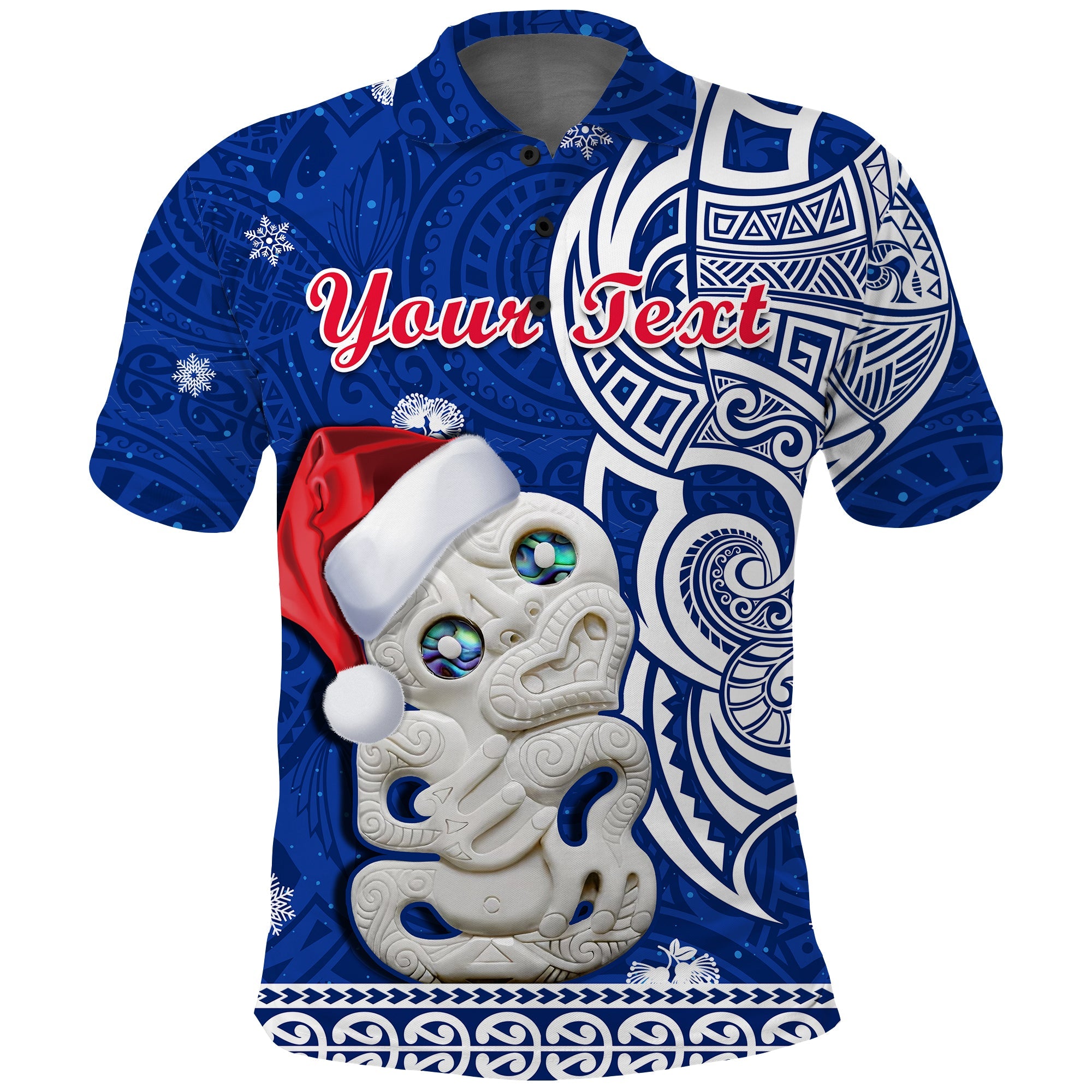 custom-personalised-new-zealand-christmas-polo-shirt-hei-tiki-blue-pohutukawa-meri-kirihimete