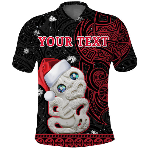 custom-personalised-new-zealand-christmas-polo-shirt-hei-tiki-red-pohutukawa-meri-kirihimete