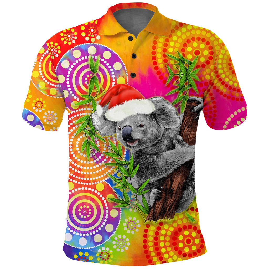 custom-personalised-australia-koala-aboriginal-polo-shirt-rainbow-tie-dye-merry-christmas