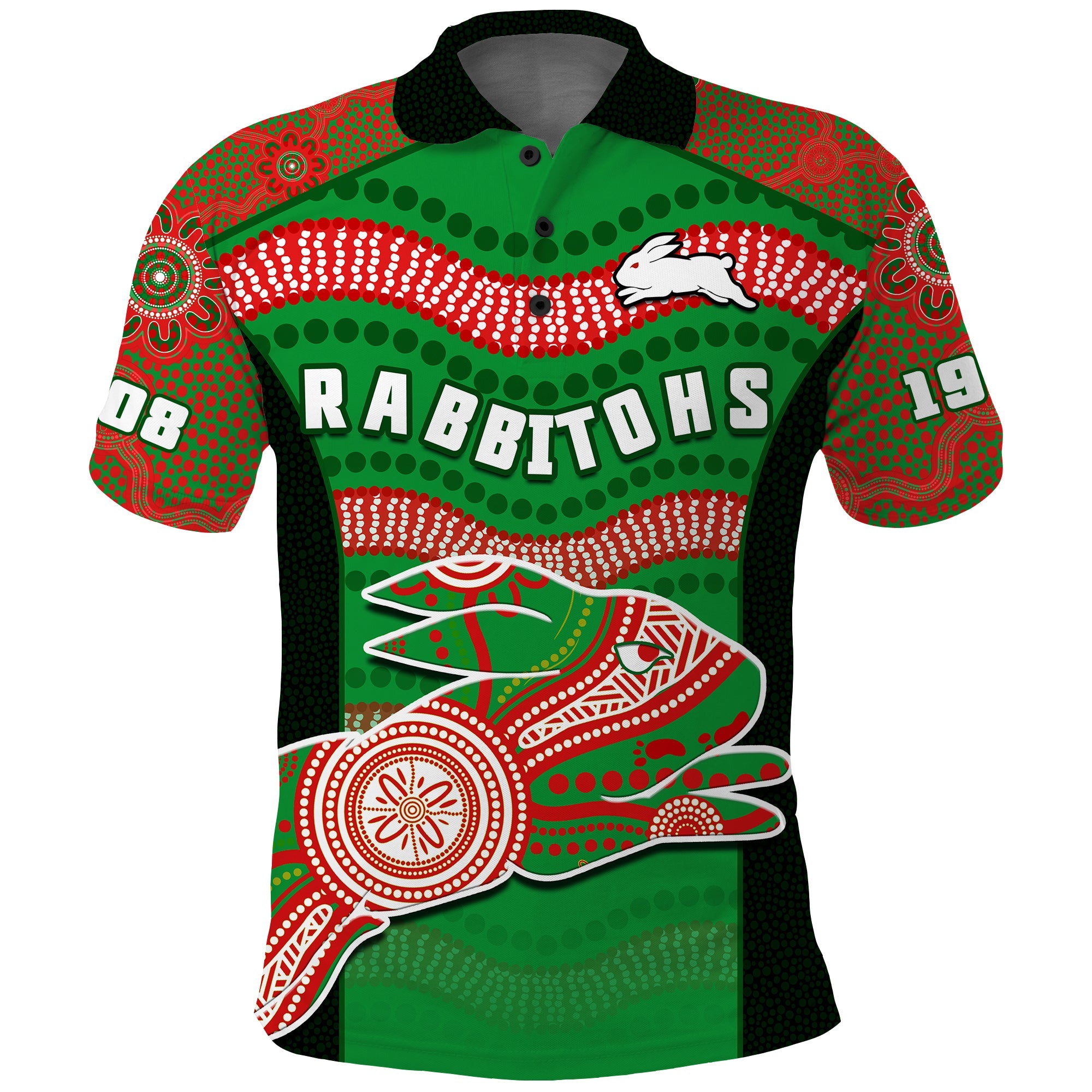 rabbitohs-rugby-polo-shirt-souths-1908-aboriginal-dot-painting-go-bunnies