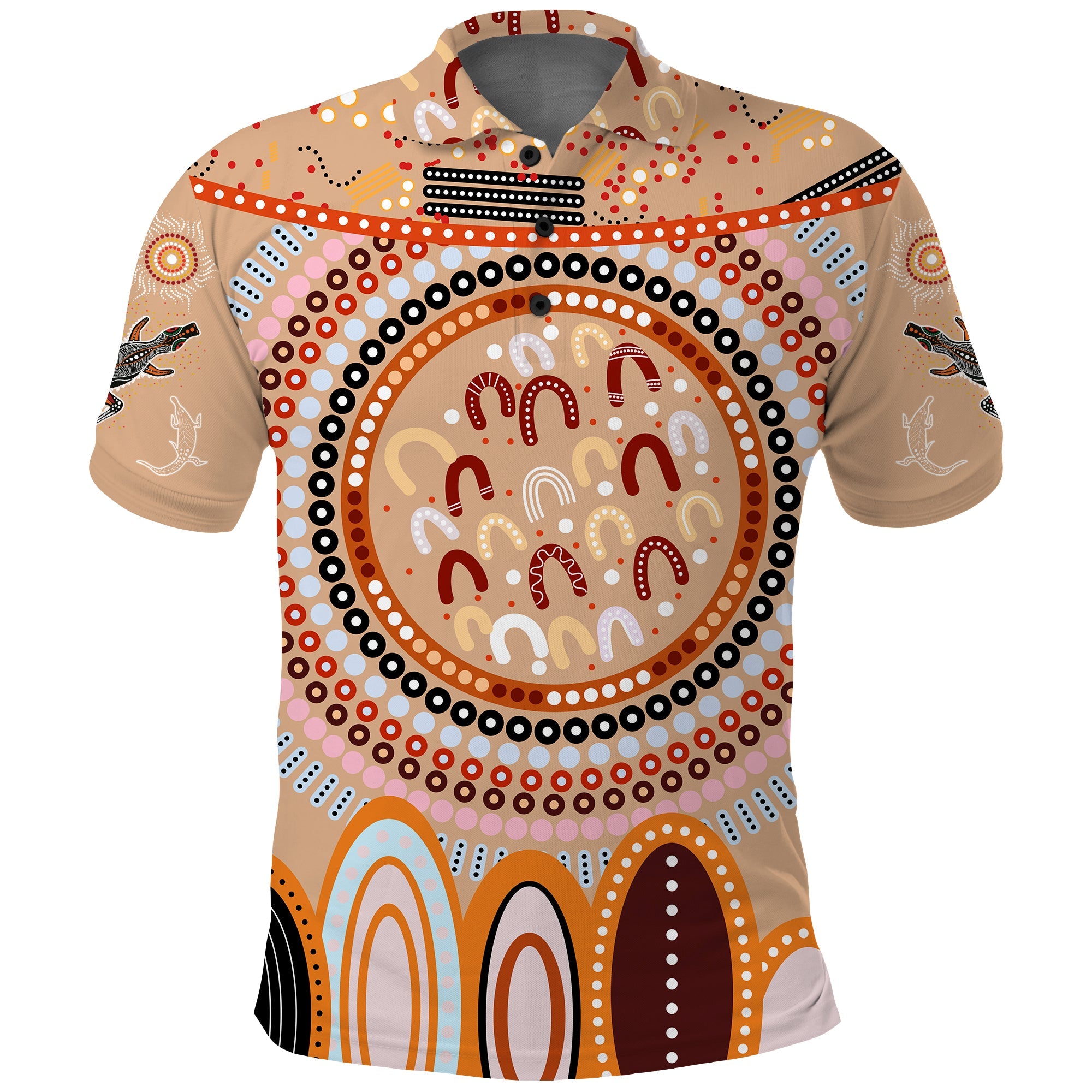 custom-text-and-number-aboriginal-stand-up-polo-shirt-circle-dot-with-lizard-version-peachpuff