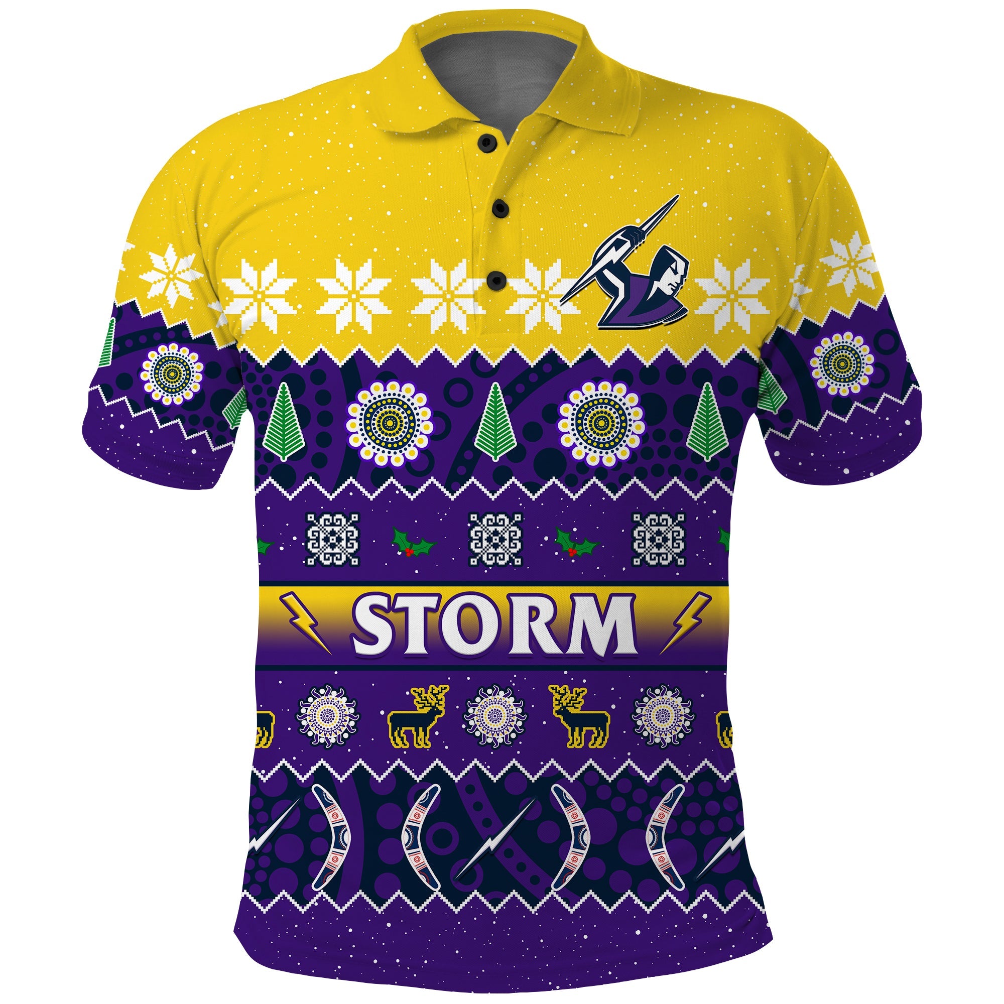 custom-personalised-melbourne-storm-christmas-polo-shirt-aboriginal-art-merry-xmas