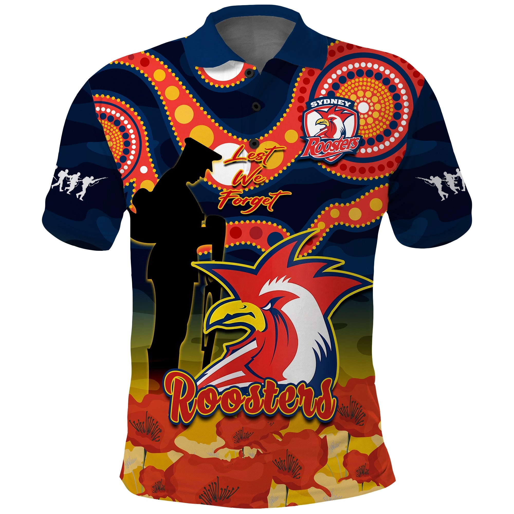 custom-text-and-number-roosters-rugby-anzac-2023-polo-shirt-dots-poppy-mix-camouflage-lest-we-forget