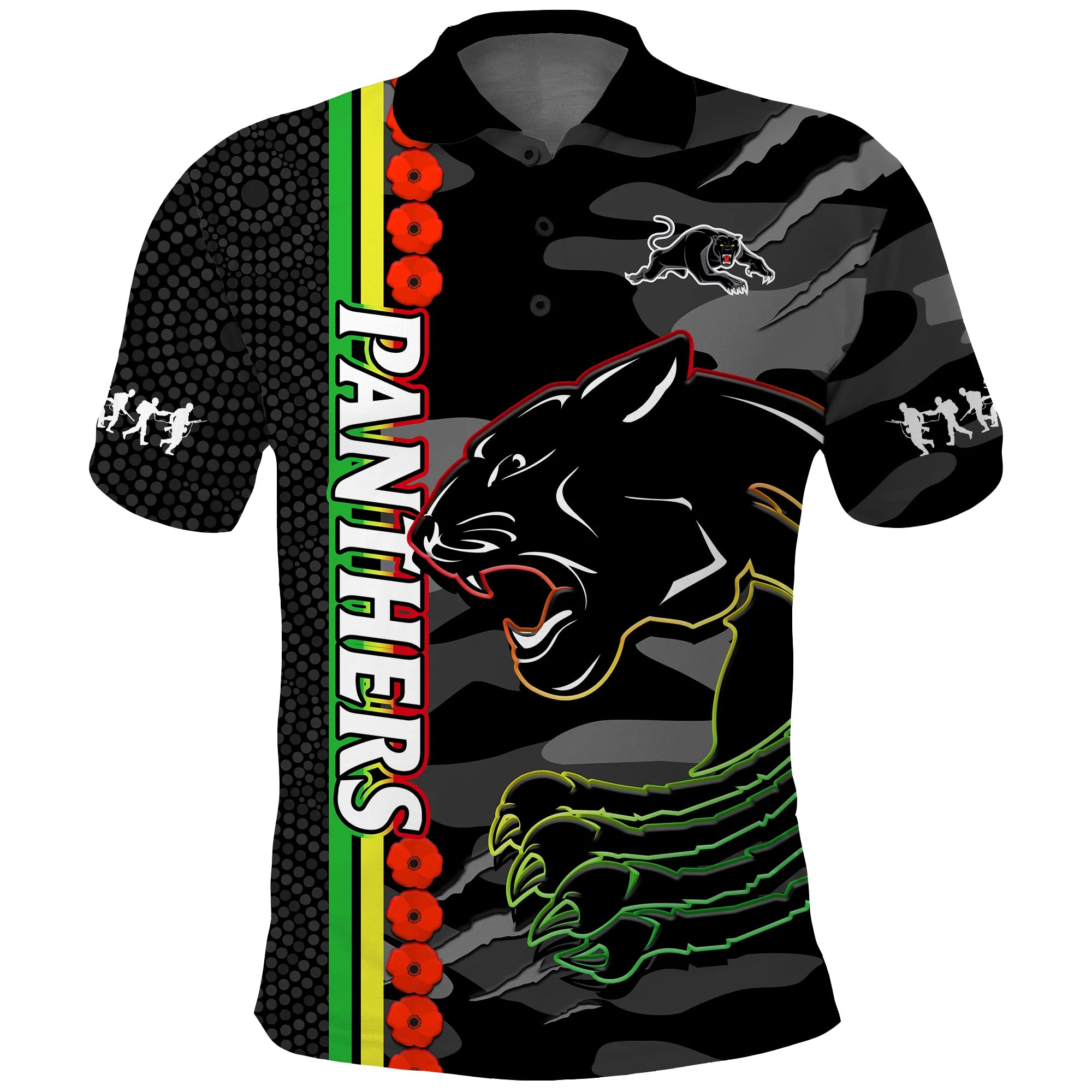 custom-text-and-number-panthers-rugby-anzac-polo-shirt-aboriginal-mix-poppy-camouflage-black