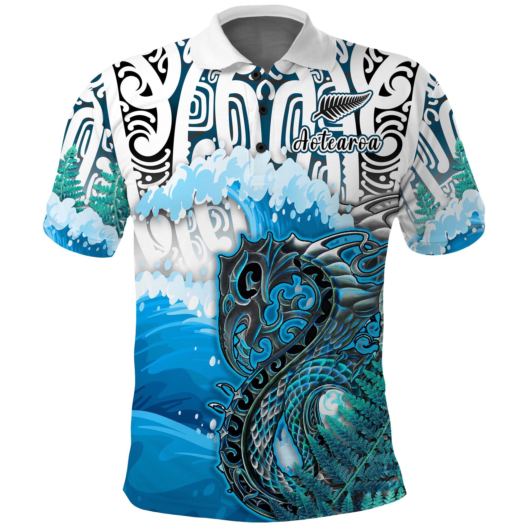 custom-personalised-manaia-maori-polo-shirt-fern-aotearoa-blue-waves