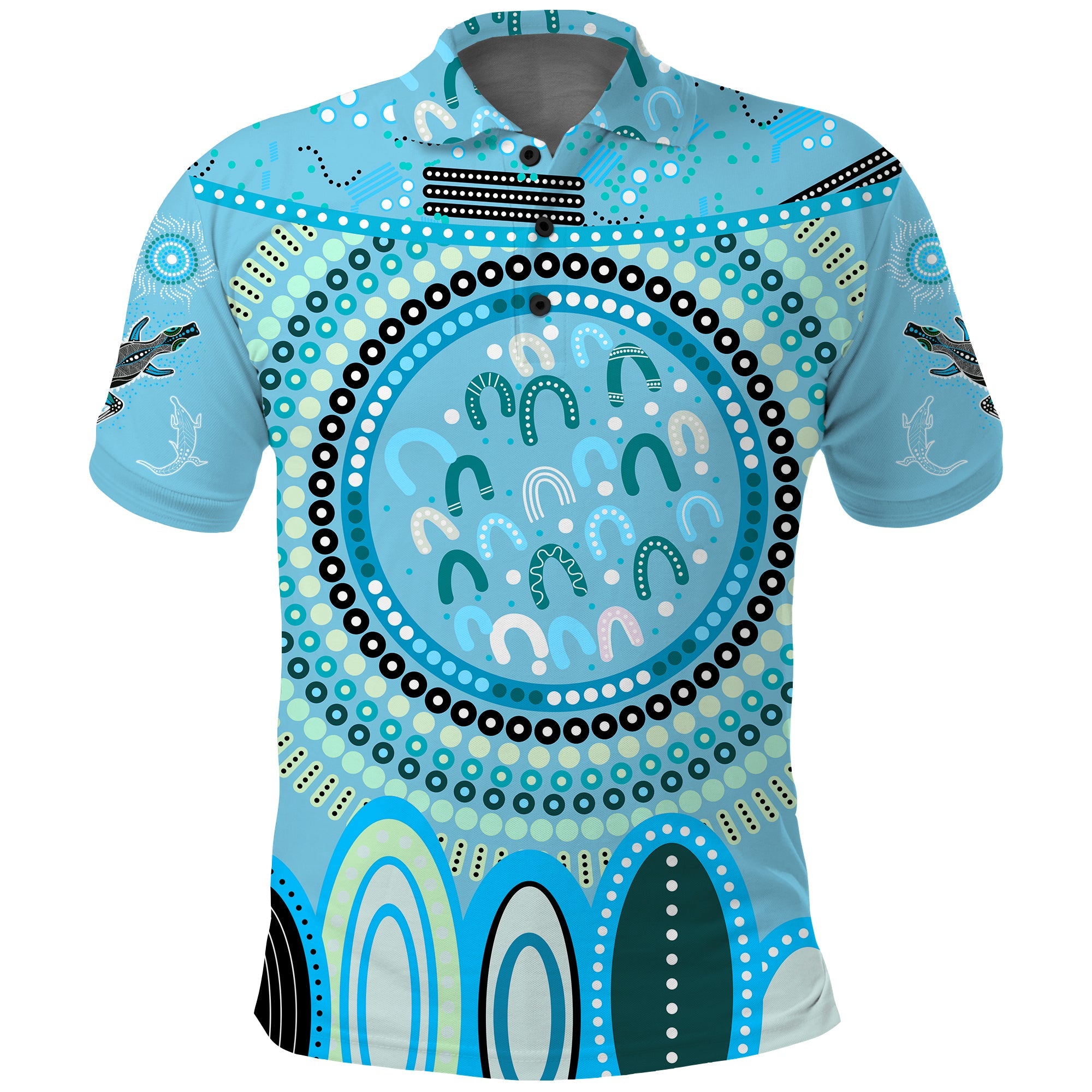 custom-text-and-number-aboriginal-stand-up-polo-shirt-circle-dot-with-lizard-version-blue