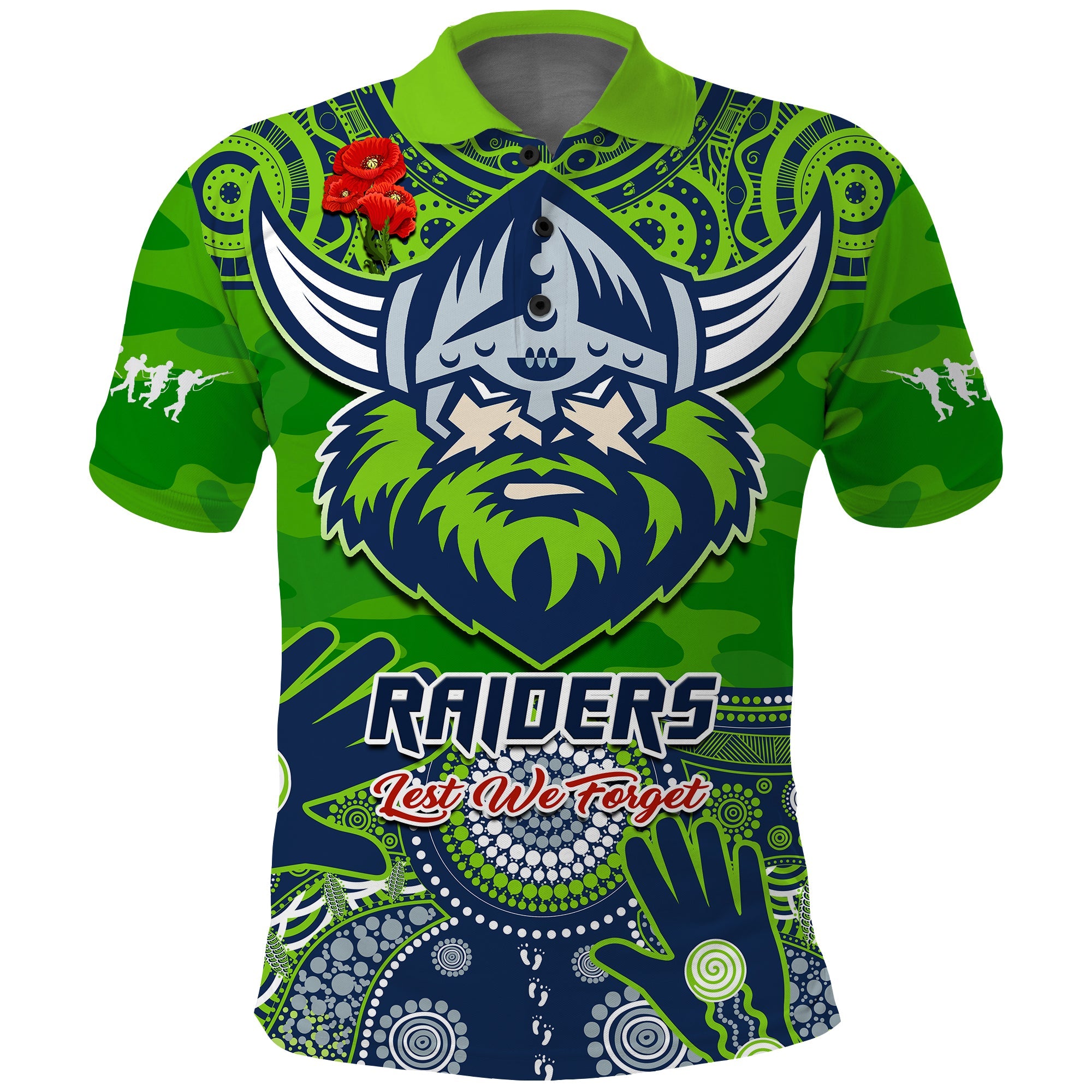 custom-text-and-number-raiders-rugby-anzac-2023-polo-shirt-dots-poppy-mix-camouflage-lest-we-forget