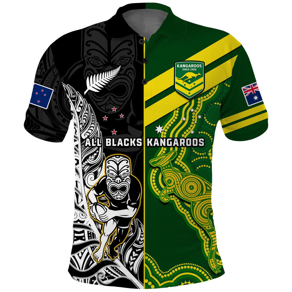 custom-personalised-australia-kangaroos-and-all-black-rugby-polo-shirt-aboriginal-mix-nz-maori-fern