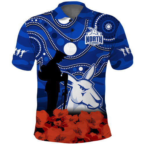 custom-text-and-number-north-melbourne-football-anzac-2023-polo-shirt-kangaroos-aboriginal-mix-poppy-camouflage
