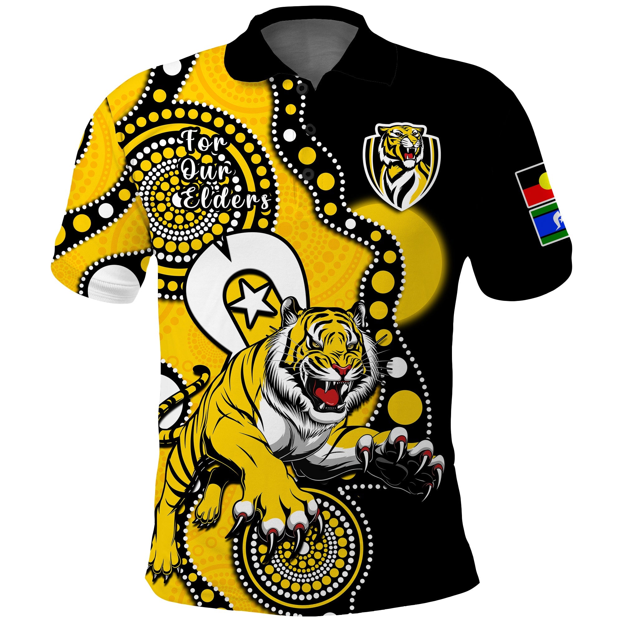 custom-text-and-number-richmond-football-naidoc-2023-polo-shirt-tigers-for-our-elders-indigenous-art