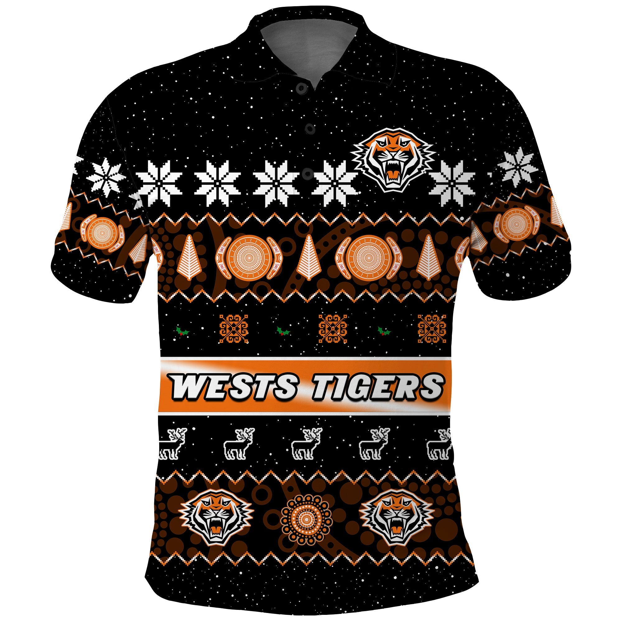 custom-personalised-wests-tigers-christmas-polo-shirt-aboriginal-art-merry-xmas
