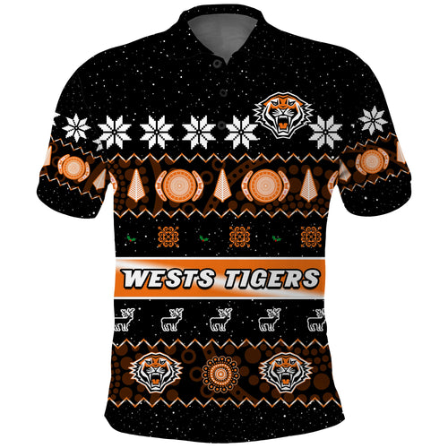 custom-personalised-wests-tigers-christmas-polo-shirt-aboriginal-art-merry-xmas
