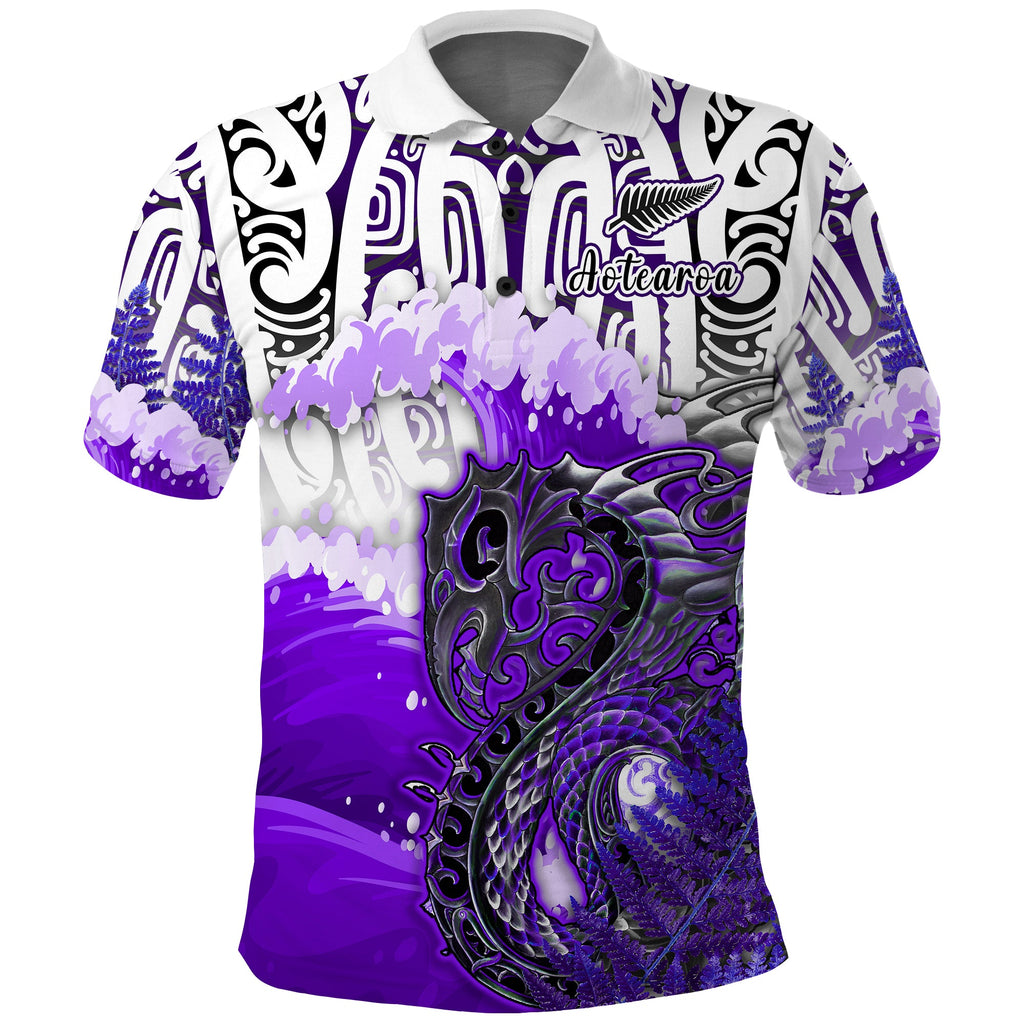 custom-personalised-manaia-maori-polo-shirt-fern-aotearoa-purple-waves