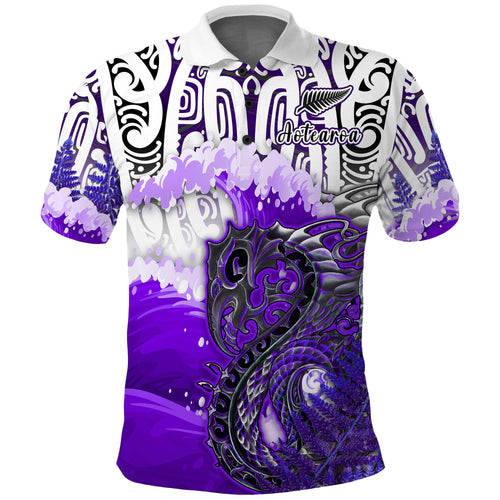 custom-personalised-manaia-maori-polo-shirt-fern-aotearoa-purple-waves