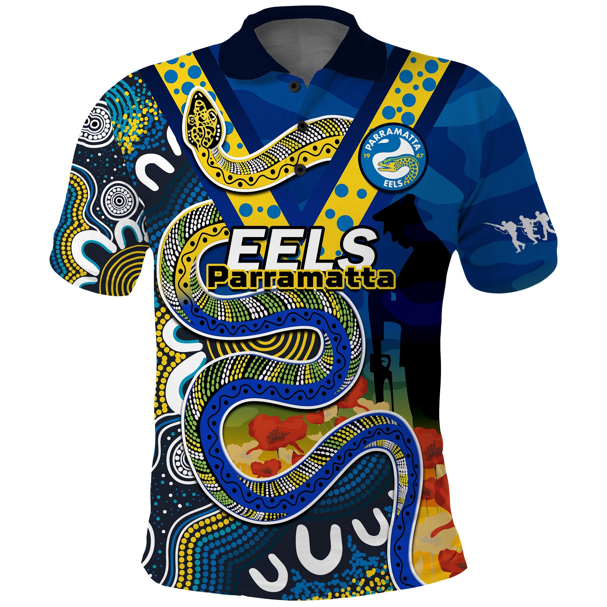 custom-text-and-number-eels-rugby-anzac-2023-polo-shirt-aboriginal-mix-poppy-lest-we-forget