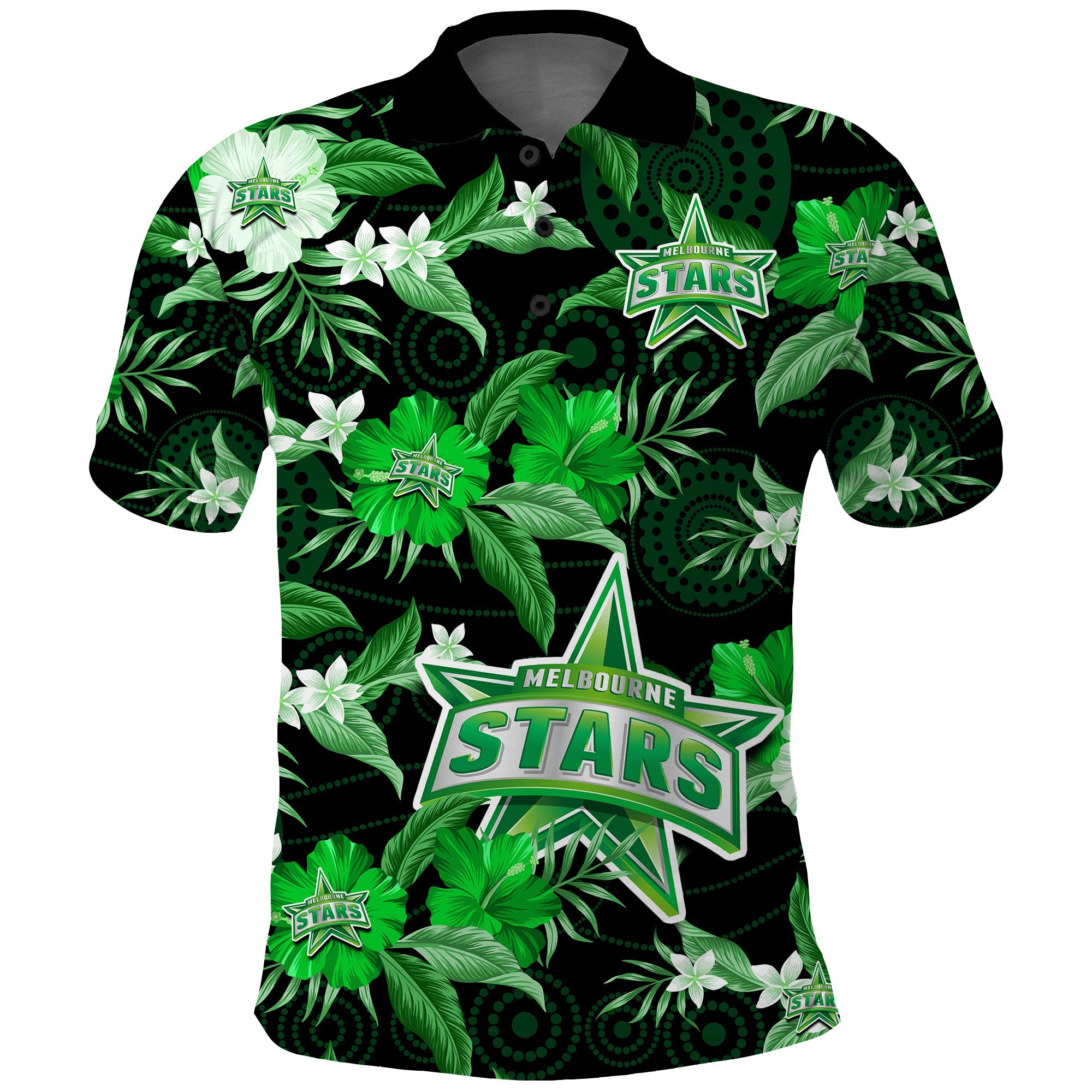 custom-text-and-number-melbourne-stars-cricket-polo-shirt-aboriginal-art-mix-tropical-flowers