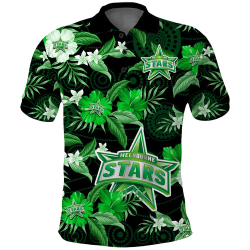 custom-text-and-number-melbourne-stars-cricket-polo-shirt-aboriginal-art-mix-tropical-flowers