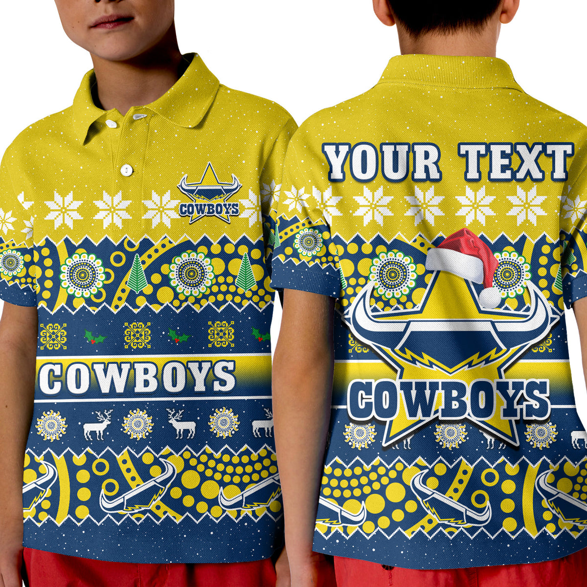 custom-personalised-cowboys-christmas-polo-shirt-kid-aboriginal-art-merry-xmas