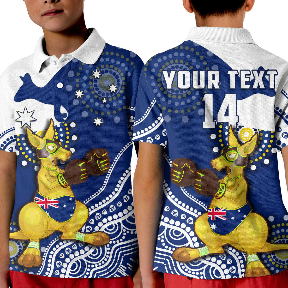 custom-text-and-number-australia-polo-shirt-kid-boxing-kangaroo-indigenous-flag-color-art