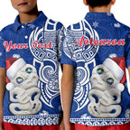 custom-personalised-new-zealand-christmas-polo-shirt-hei-tiki-blue-pohutukawa-meri-kirihimete