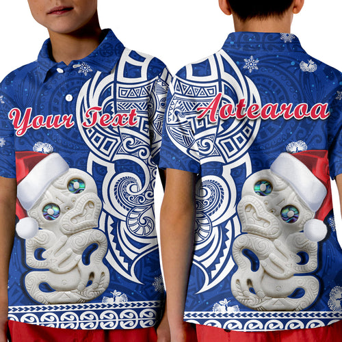 custom-personalised-new-zealand-christmas-polo-shirt-hei-tiki-blue-pohutukawa-meri-kirihimete