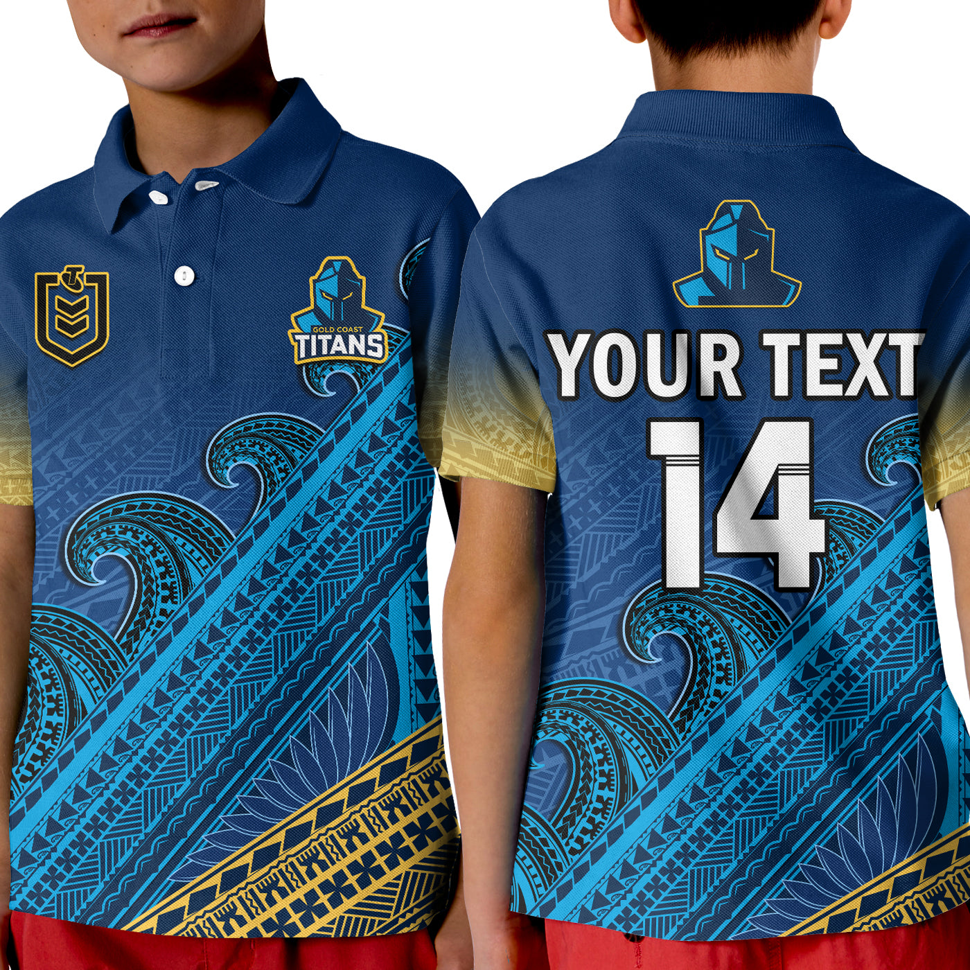 custom-text-and-number-gold-coast-titans-rugby-polo-shirt-kid-pasifika-gradient-polynesian-pattern