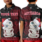 custom-personalised-new-zealand-christmas-polo-shirt-kid-hei-tiki-red-pohutukawa-meri-kirihimete