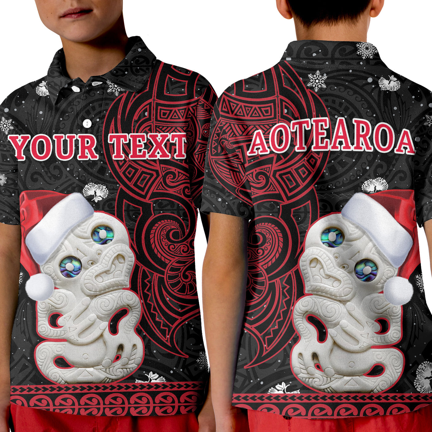 custom-personalised-new-zealand-christmas-polo-shirt-kid-hei-tiki-red-pohutukawa-meri-kirihimete