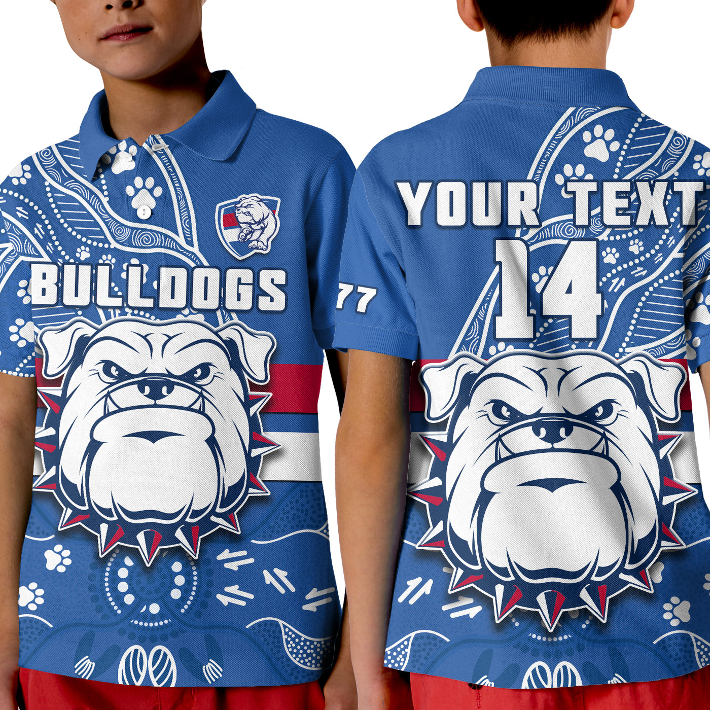 custom-text-and-number-bulldogs-football-polo-shirt-kid-scraggers-1877-aboriginal-dot-painting-newest-version