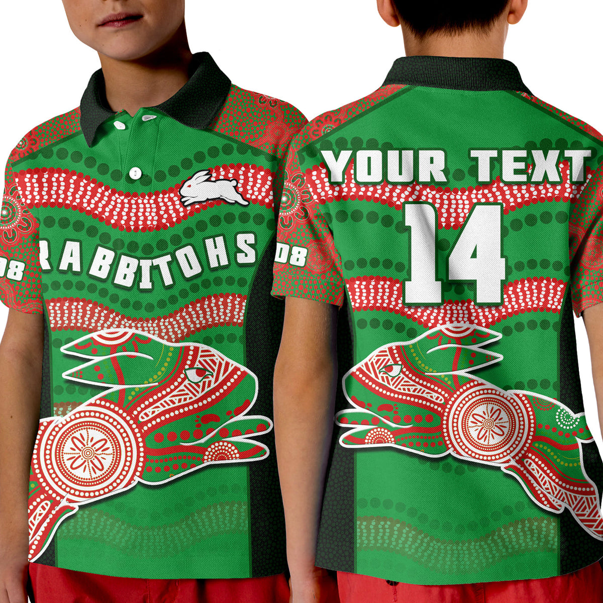 custom-text-and-number-rabbitohs-rugby-polo-shirt-kid-souths-1908-aboriginal-dot-painting-go-bunnies