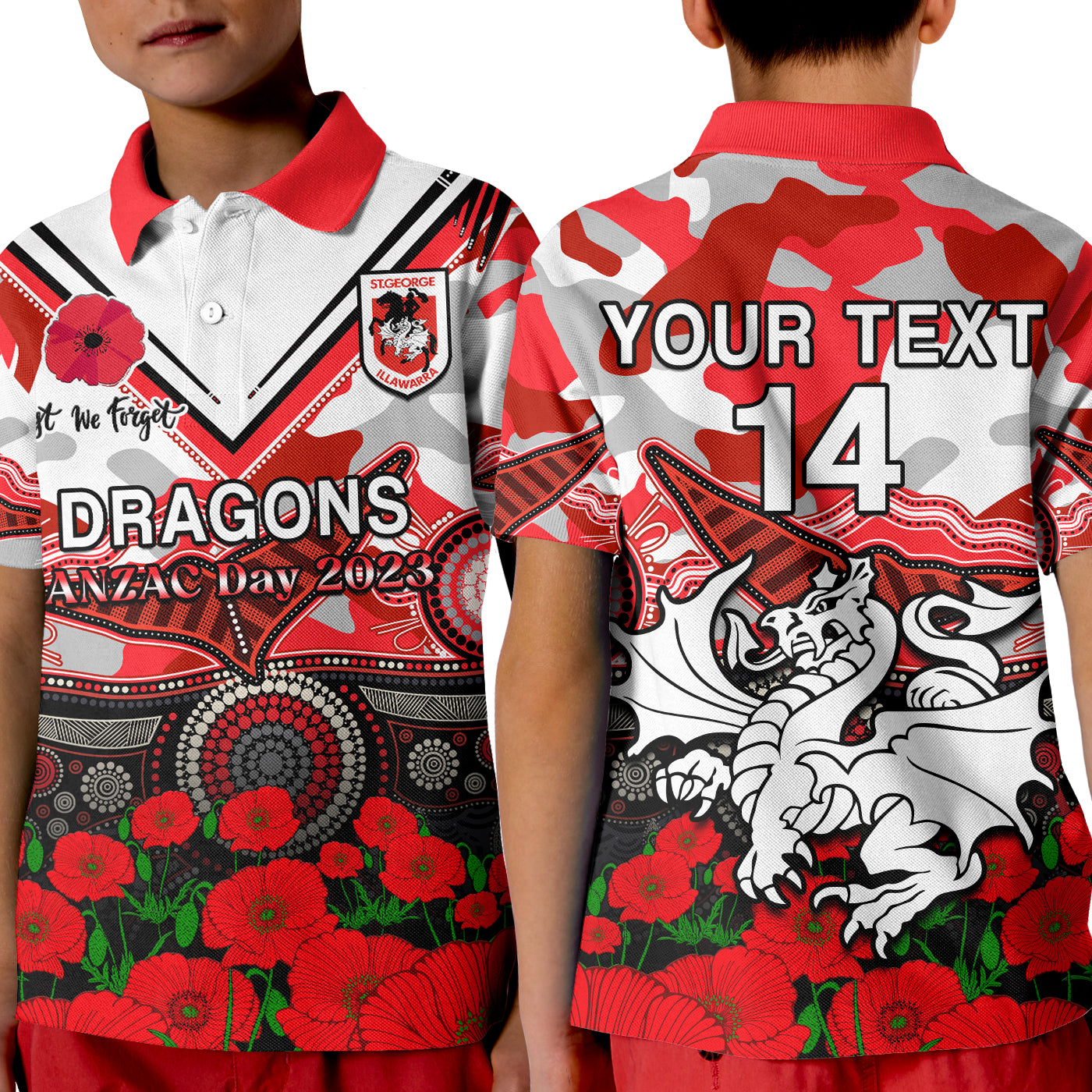 custom-text-and-number-dragons-rugby-anzac-2023-polo-shirt-aboriginal-mix-poppy-lest-we-forget